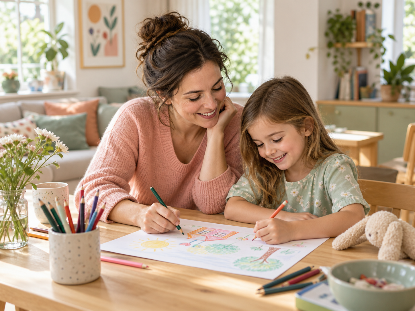 Illustrative scene of a parent and child drawing together